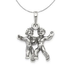 Sterling Silver Gemini the Twins Zodiac 3D Antiqued Necklace - 24 Inch